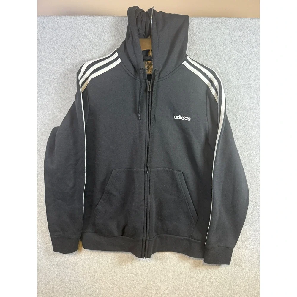 Adidas Mens Essentials 3-Stripes Full Zip Hoodie Black White XL Sweatshirt